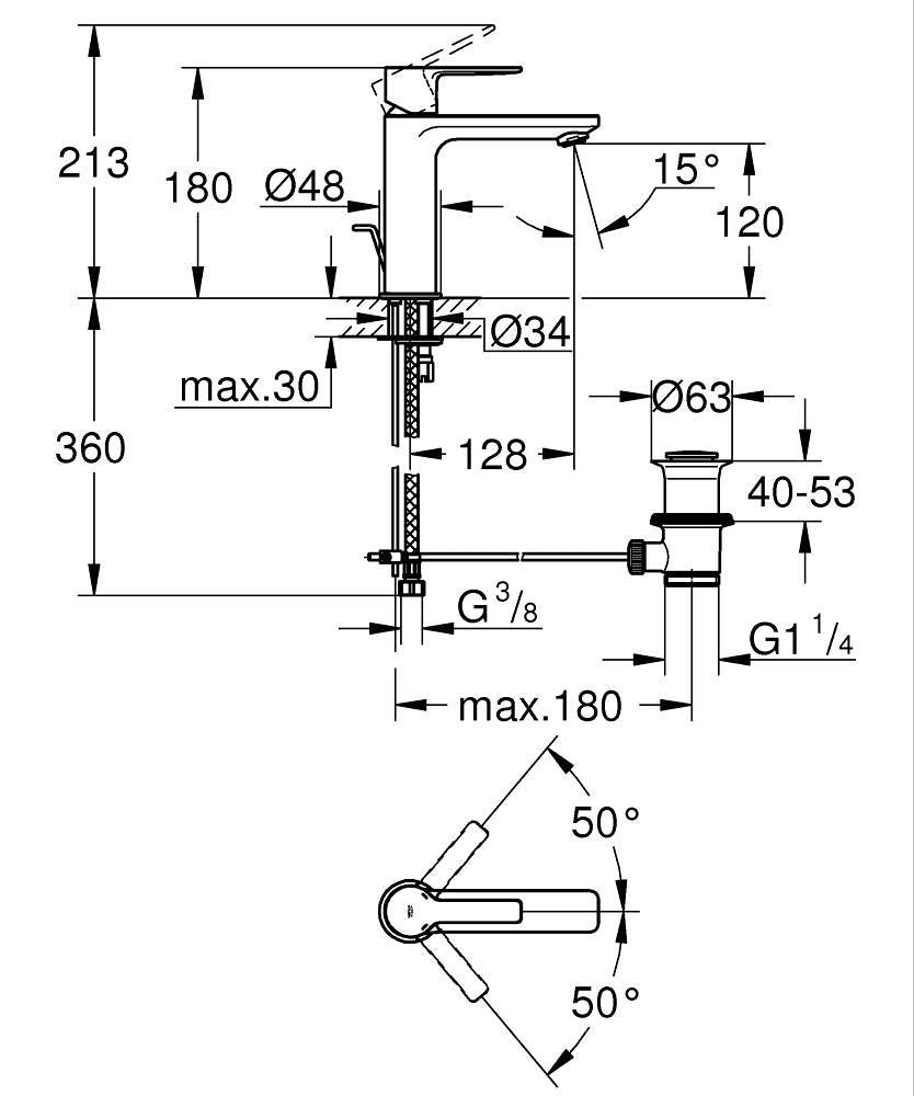 Grohe Lavabo Bataryası Lineare S-Boyut Krom - 32114001 teknik çizim