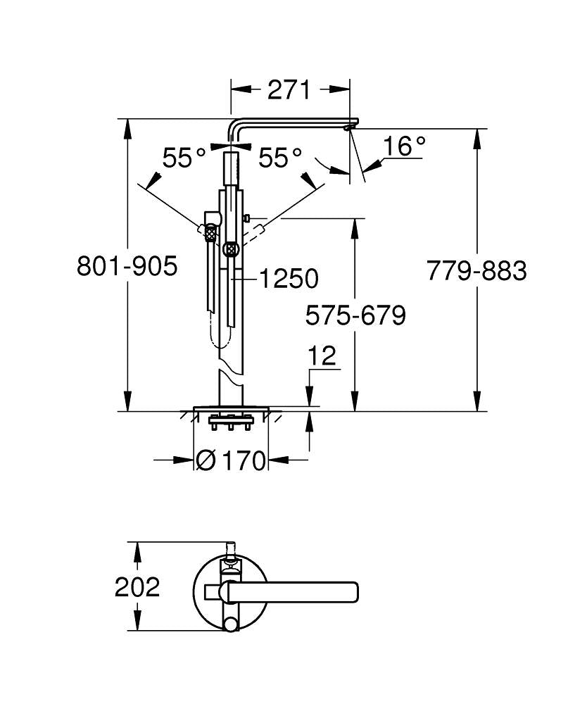 Grohe Yerden Ayaklı Küvet Bataryası Lineare Krom - 23792001 teknik çizim