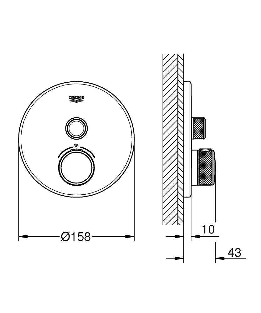 Grohe Grohtherm Smartcontrol Tek Valfli Akış Kontrollü, Ankastre Termostatik Duş Bataryası Hard Grap teknik çizim