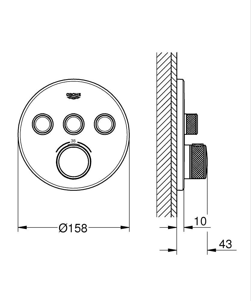 Grohe SmartControl Üç Yollu Yön Değiştiricili Ankastre Termostatik Duş Bataryası - 29121000 teknik çizim