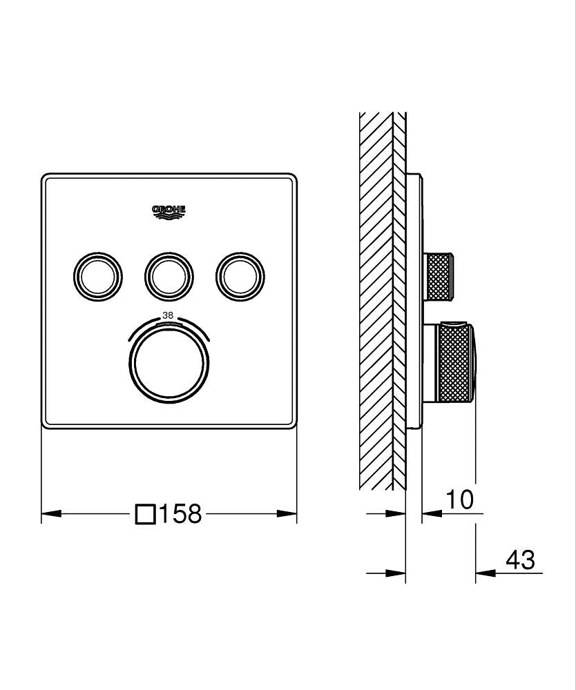 Grohe Grohtherm Smartcontrol Üç Valfli Akış Kontrollü, Ankastre Termostatik Duş Bataryası Cool Sunri teknik çizim
