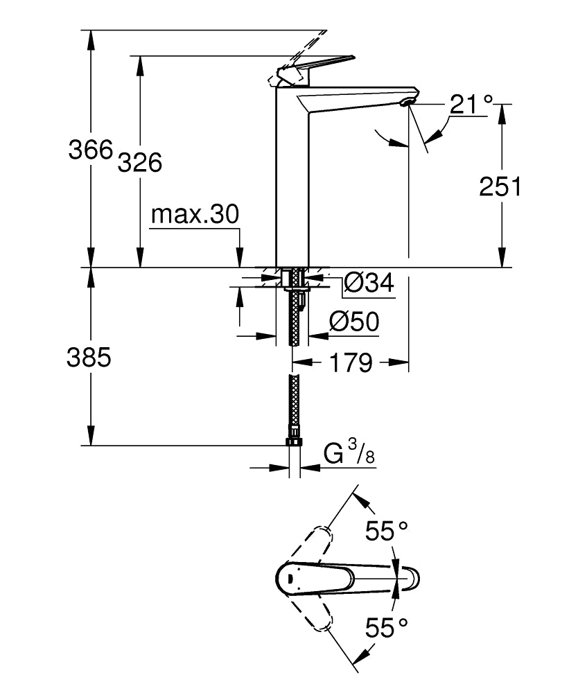Grohe Eurodisc Cosmopolitan Tek Kumandalı Çanak Lavabo Bataryası - 23432000 teknik çizim