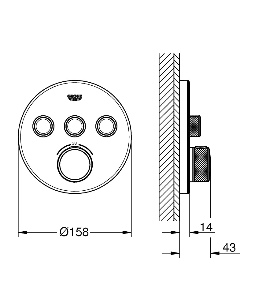 Grohe Grohtherm Smartcontrol Üç Yollu Yön Değiştiricili Ankastre Termostatik Duş Bataryası Beyaz - 2 teknik çizim