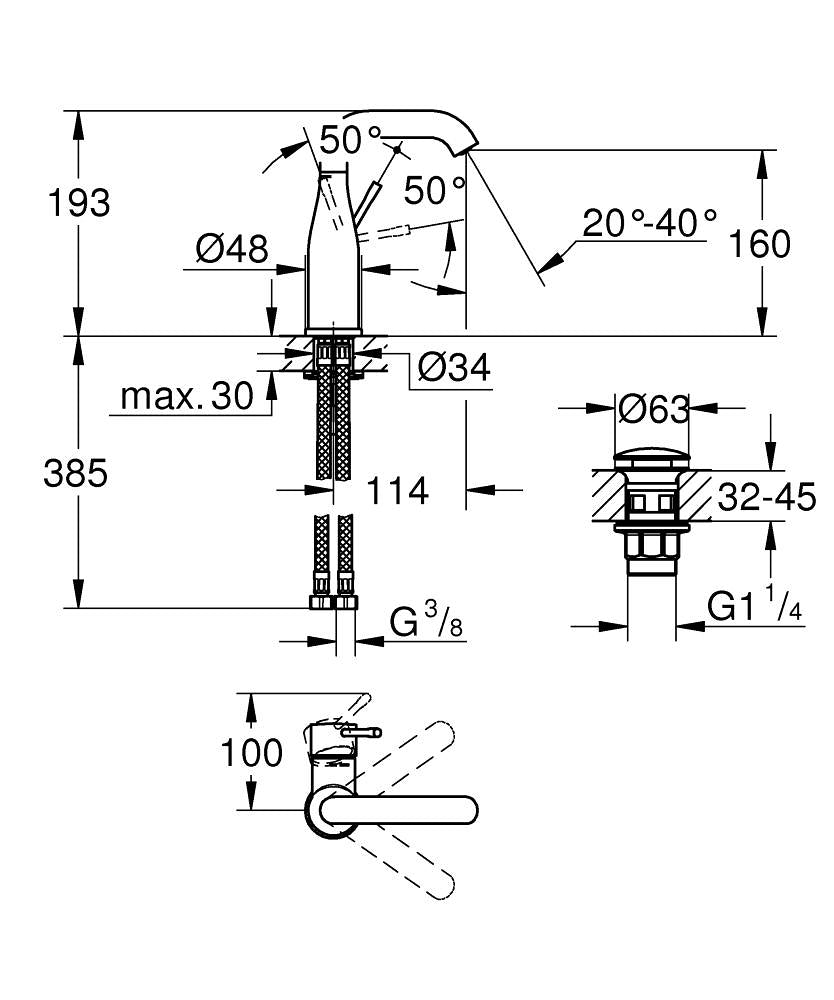 Grohe Essence Tek Kumandalı Lavabo Bataryası  M- Boyut - 24181001 teknik çizim