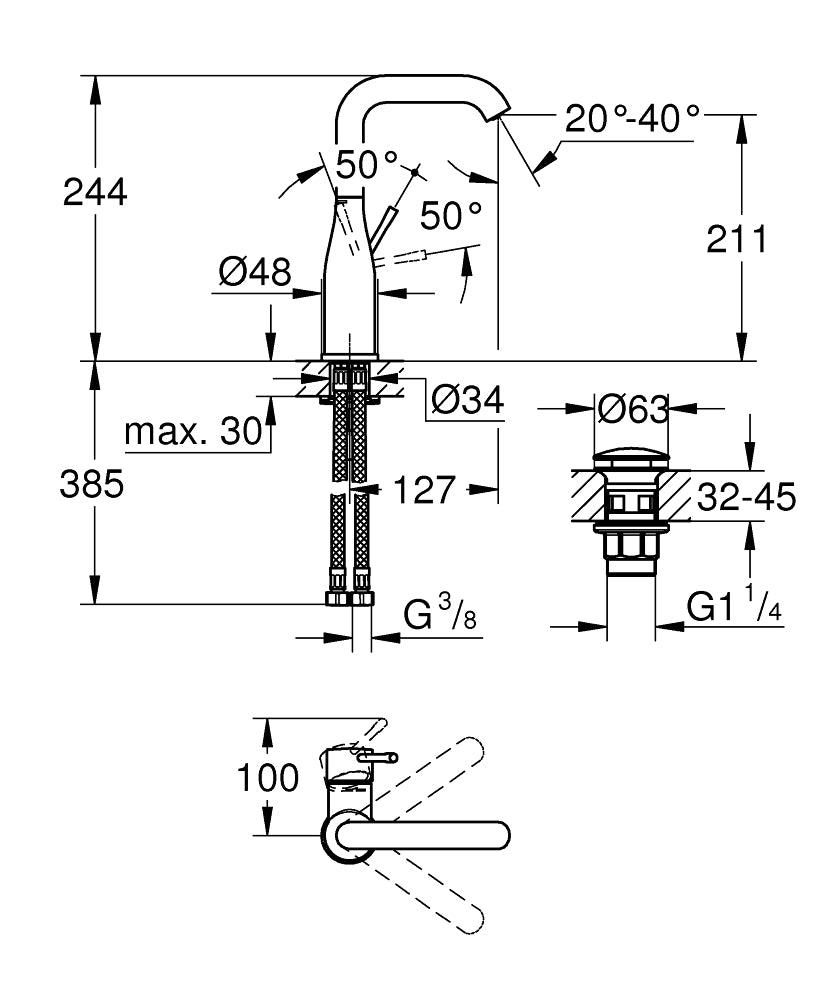 Grohe Essence Tek Kumandalı Lavabo Bataryası 1/2″  L- Boyut - 24182001 teknik çizim