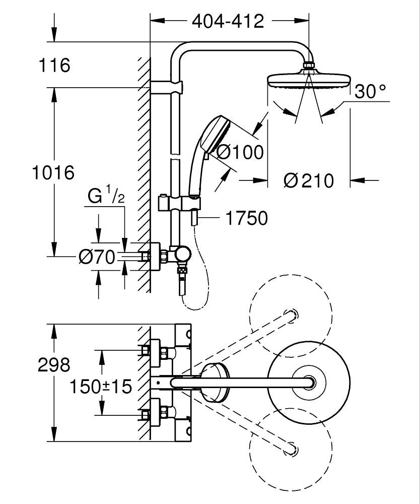 Grohe Tempesta Cosmo. System 210 Duvara Monte Termostatik Bataryalı Duş Sistemi-27922001 teknik çizim