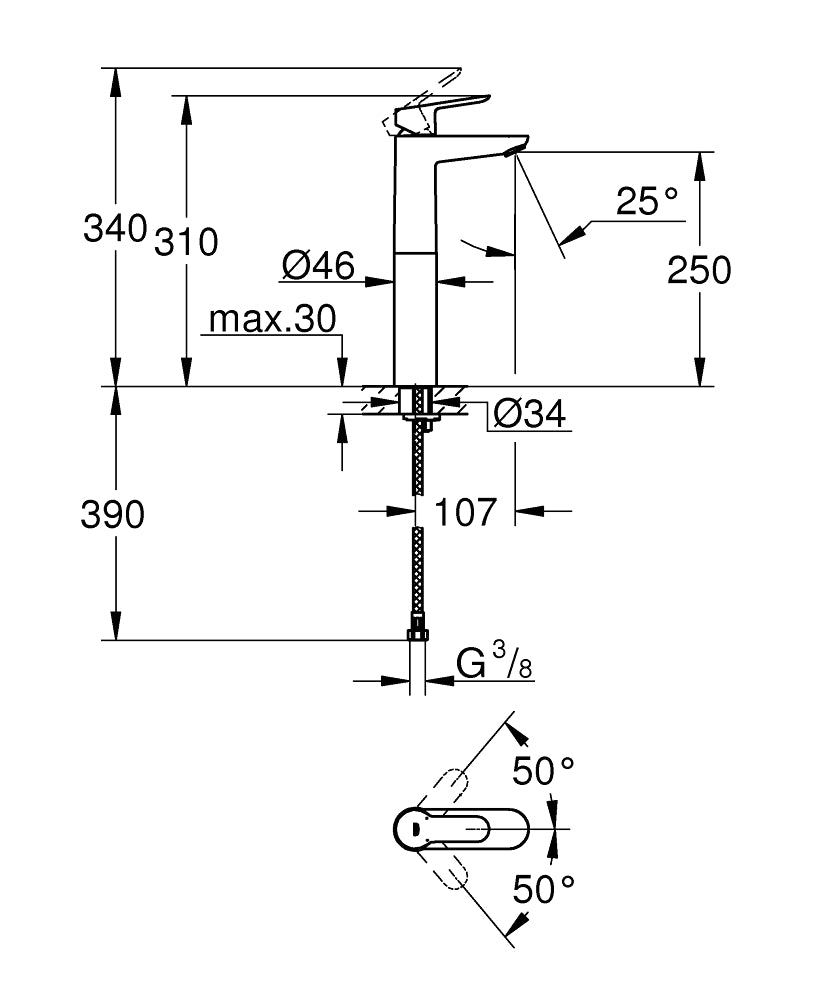 Grohe BauEdge Çanak Lavabo Bataryası Krom - 23761000 teknik çizim