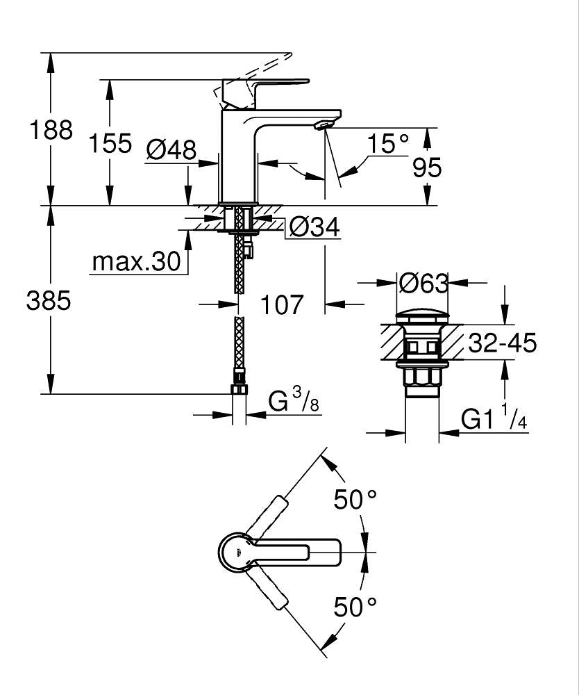 Grohe Lavabo Bataryası Lineare XS-Boyut Krom - 23791001 teknik çizim