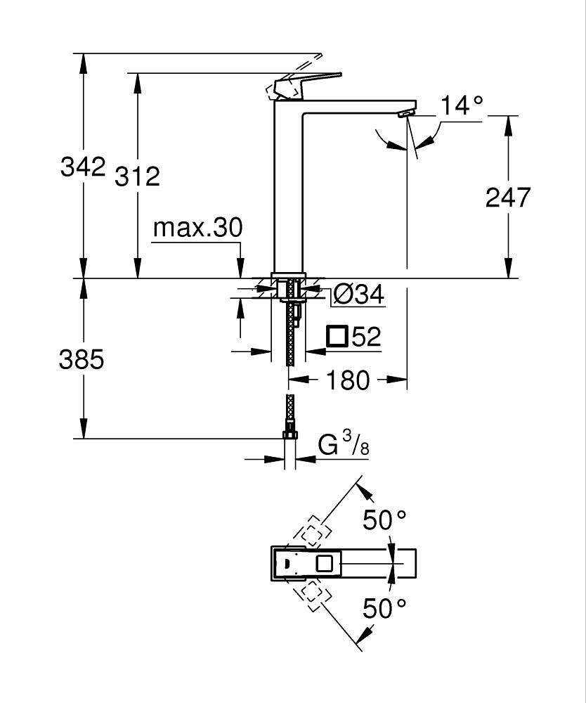 Grohe Eurocube Tek Kumandalı Lavabo Bataryası XL- Boyut - 23406000 teknik çizim