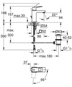Grohe Lavabo Bataryası Eurocube S-Boyut Krom- 2339000E teknik çizim