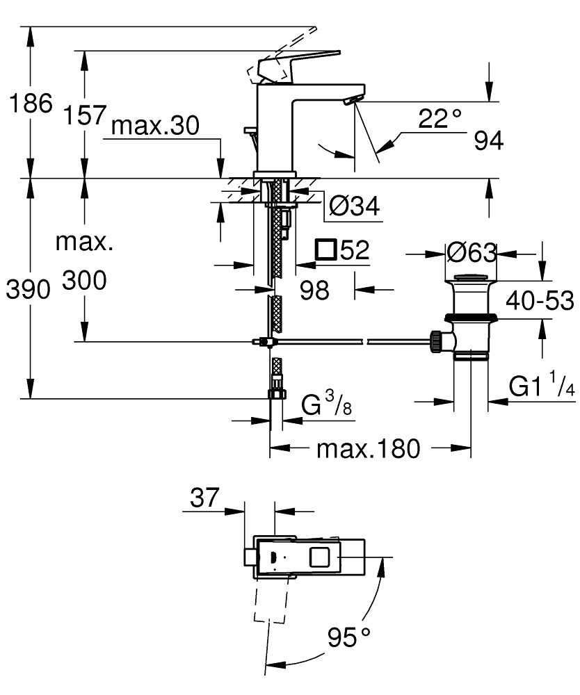 Grohe Lavabo Bataryası Eurocube S-Boyut Krom- 2339000E teknik çizim