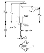 Grohe Lavabo Bataryası Lineare Tek Kumandalı Super Steel - 23405DC1 teknik çizim