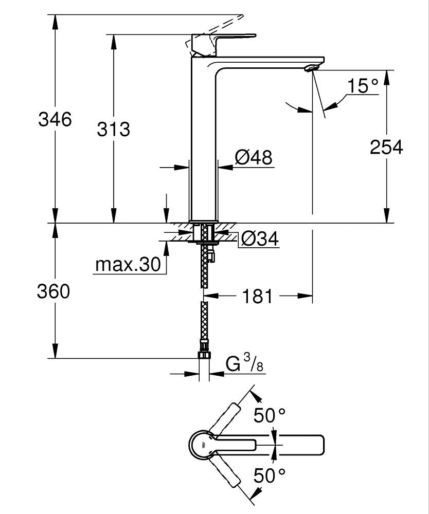 Grohe Lineare New Tek kumandalı Lavabo Bataryası - 23405001 teknik çizim