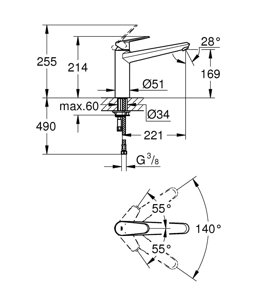Grohe Eviye Bataryası Döner Borulu Eurodisc Krom - 33770002 teknik çizim