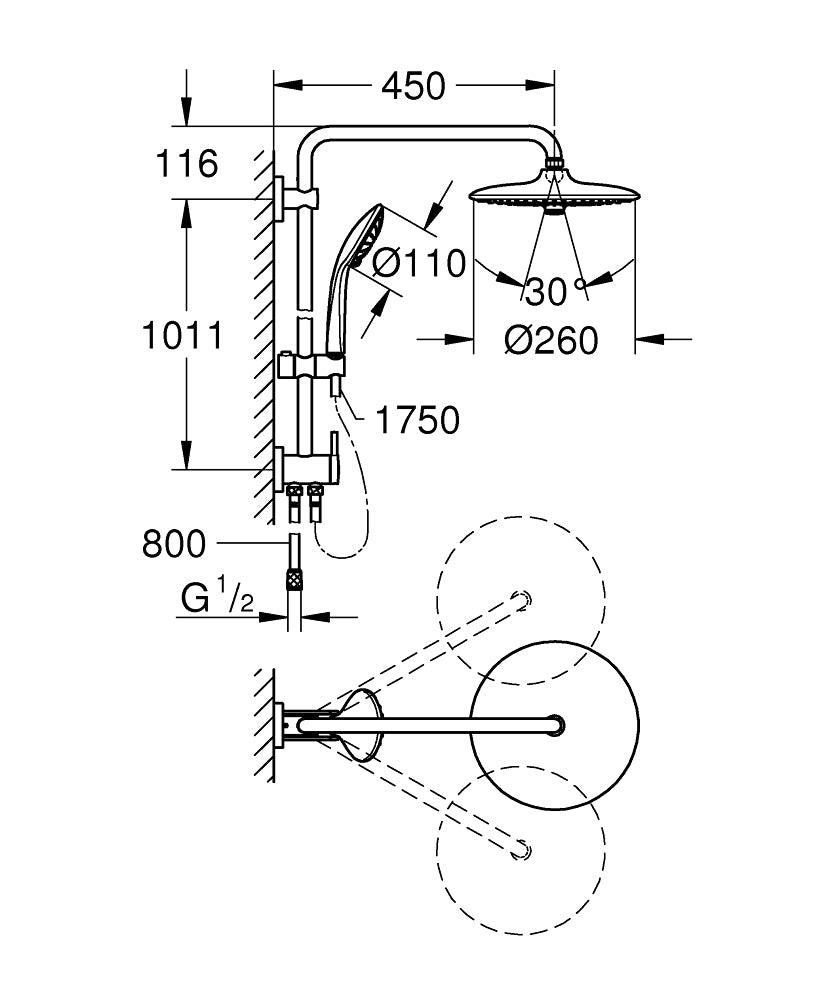 Grohe Euphoria System 260 Duvara Monte Yön Değiştiricili Duş Sistemi-27421002 teknik çizim