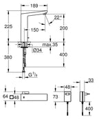 Grohe Fotoselli Lavabo Bataryası Elektrikli Çift Su Girişi 36440000 teknik çizim