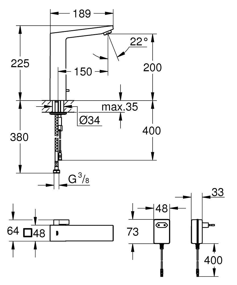Grohe Fotoselli Lavabo Bataryası Elektrikli Çift Su Girişi 36440000 teknik çizim
