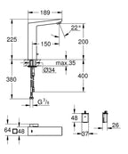 Grohe Fotoselli Lavabo Bataryası Pilli çift su girişli 36441000 teknik çizim