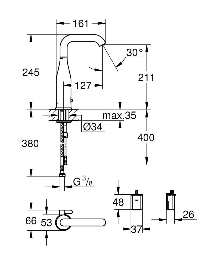 Grohe Fotoselli Lavabo Bataryası Pilli çift su girişli 36445000 teknik çizim