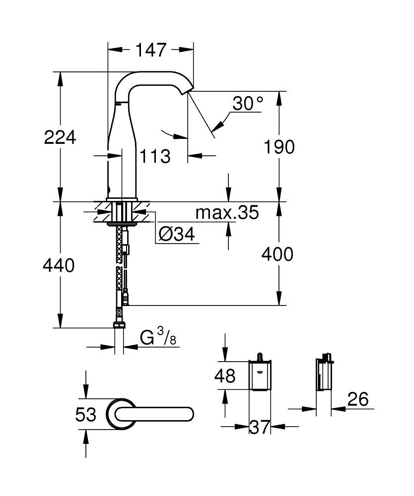 Grohe Essence E Fotoselli Lavabo Bataryası, Tek Su Girişli, Pilli-36446000 teknik çizim