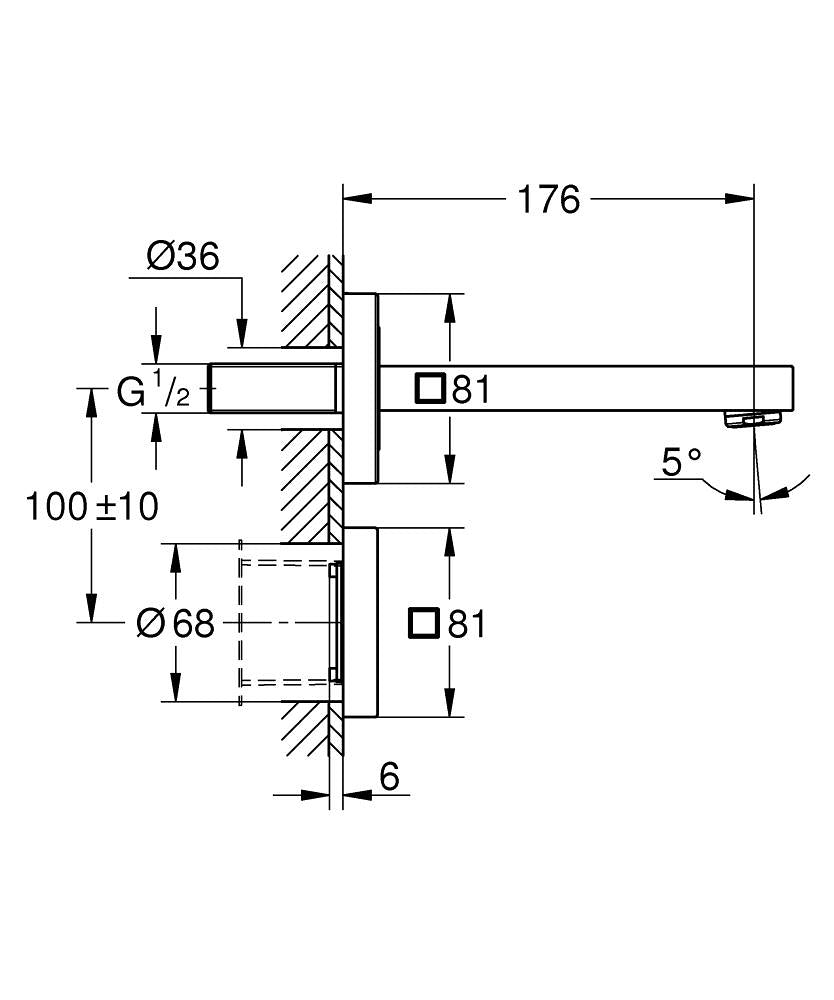 Grohe Eurocube E Fotoselli Lavabo Bataryası, Duvardan, Tek Su Girişli-36442000 teknik çizim