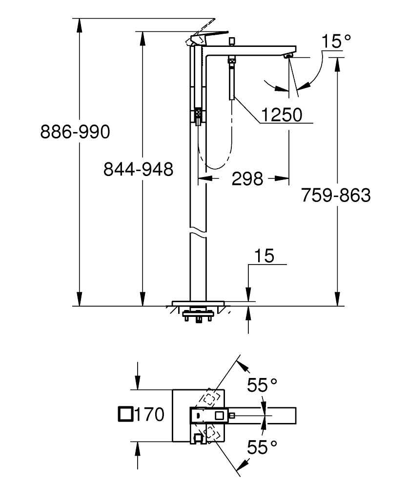 Grohe Eurocube Ayaklı Yerden Küvet Bataryası-23672001 teknik çizim