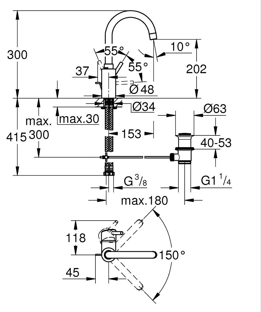 Grohe Lavabo Bataryası  Concetto L-Boyut Krom - 32629002 teknik çizim