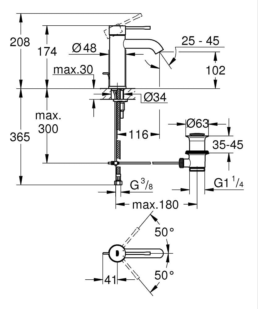 Grohe Essence Tek Kumandalı Lavabo Bataryası S Hard Graphite - 24171A01 teknik çizim