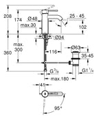Grohe Essence Tek Kumandalı Lavabo Bataryası 1/2'' S Boyut Krom – 24180001 teknik çizim