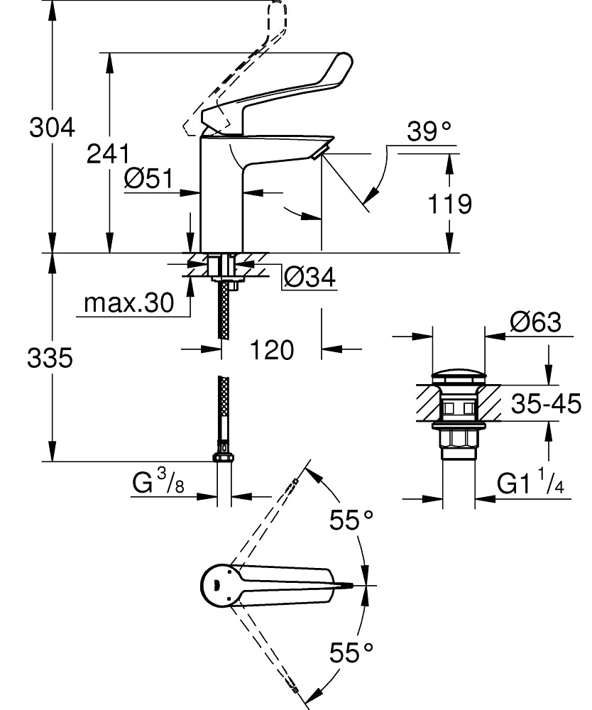 Grohe Eurosmart Tek Kumandalı Lavabo Bataryası M - Boyut - 23983003 teknik çizim
