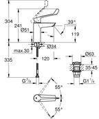 Grohe Eurosmart Tek Kumandalı Lavabo Bataryası M - Boyut - 23983003 teknik çizim