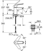 Grohe EurosmartBasin bataryası 1/2" S-Size teknik çizim