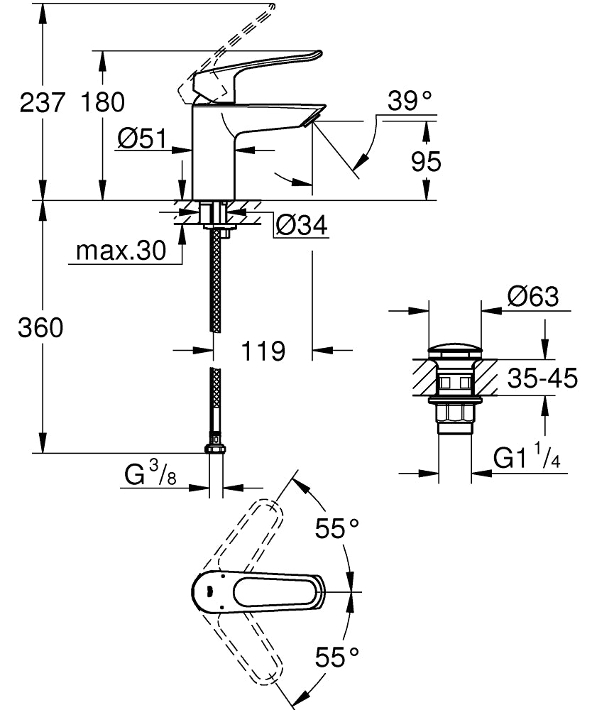 Grohe EurosmartBasin bataryası 1/2" S-Size teknik çizim