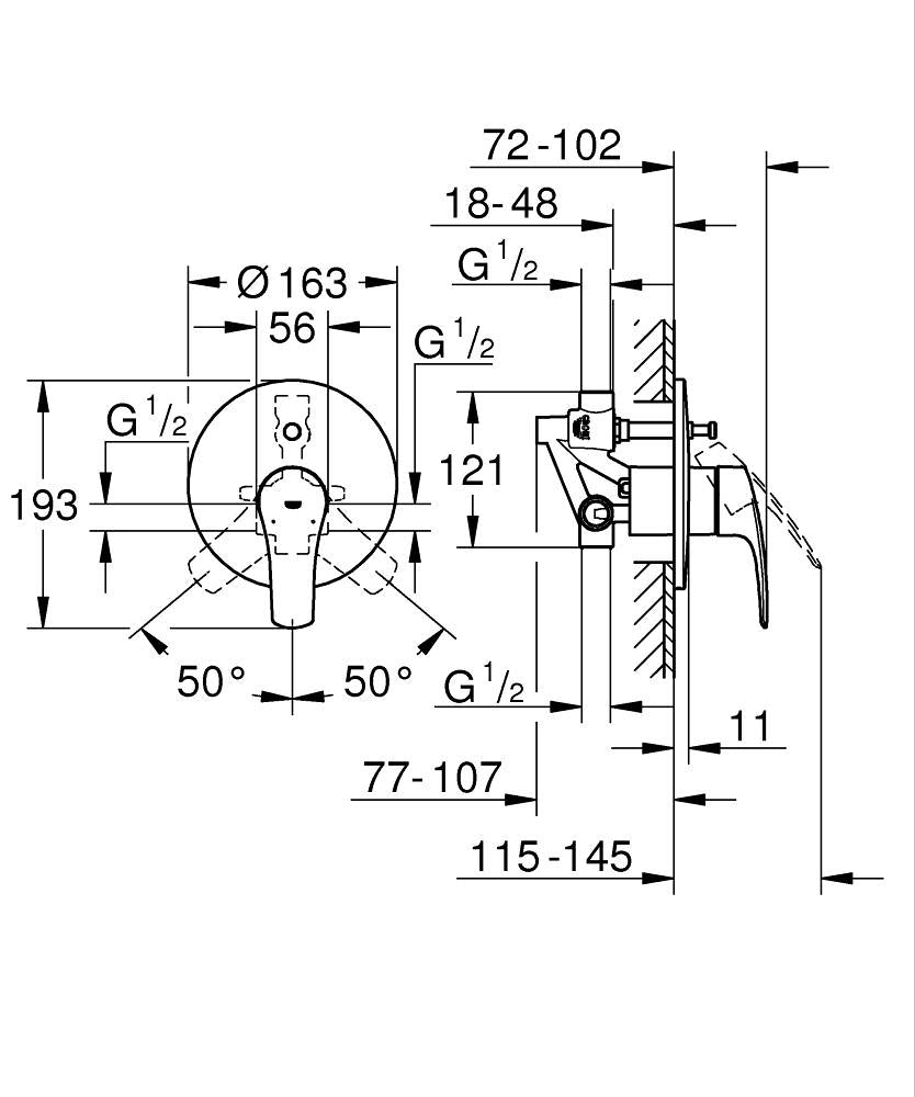 Grohe Eurosmart Tek Kumandalı Banyo Bataryası 33305003 teknik çizim