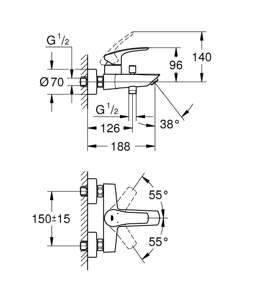 Grohe Eurosmart Tek Kumandalı Banyo Bataryası 1/2 - 33300003 teknik çizim