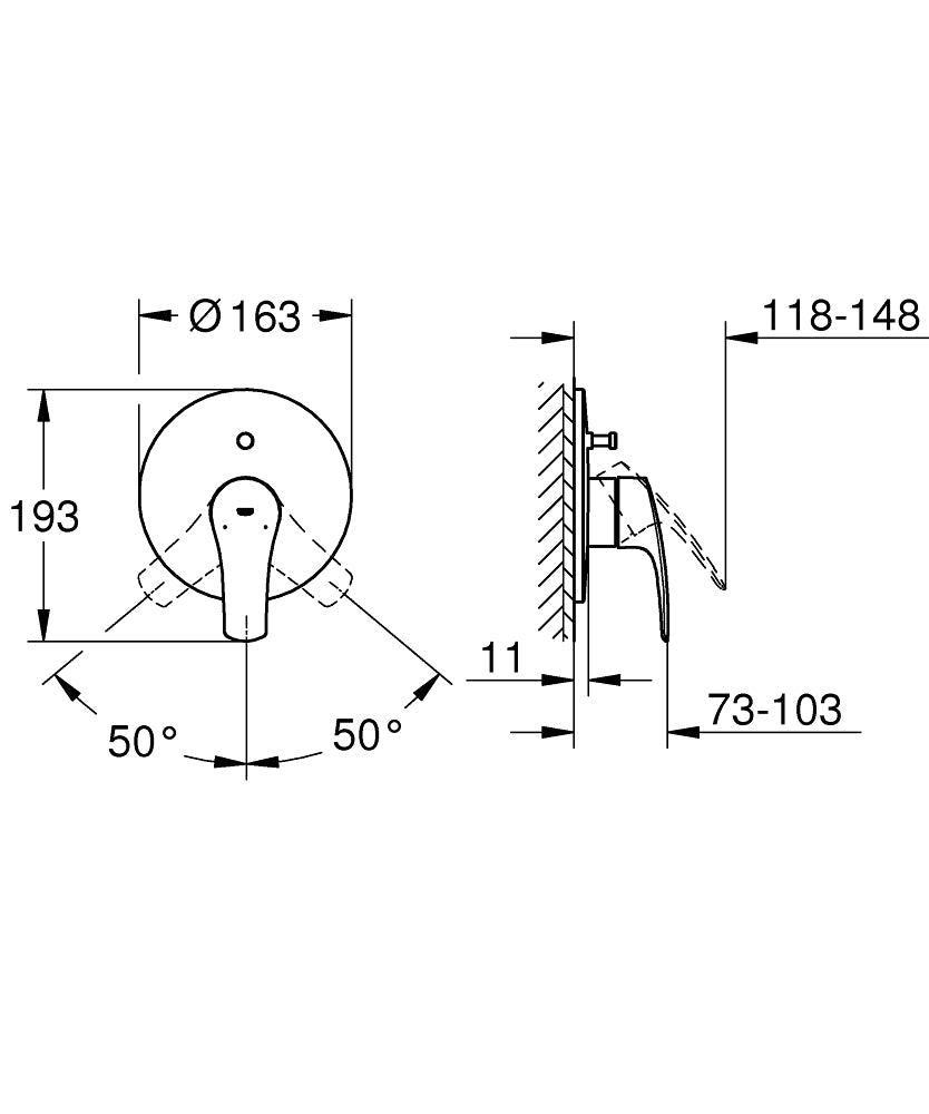 Grohe Eurosmart Ankastre Banyo/Duş Bataryası Mat Siyah - 194502433 teknik çizim