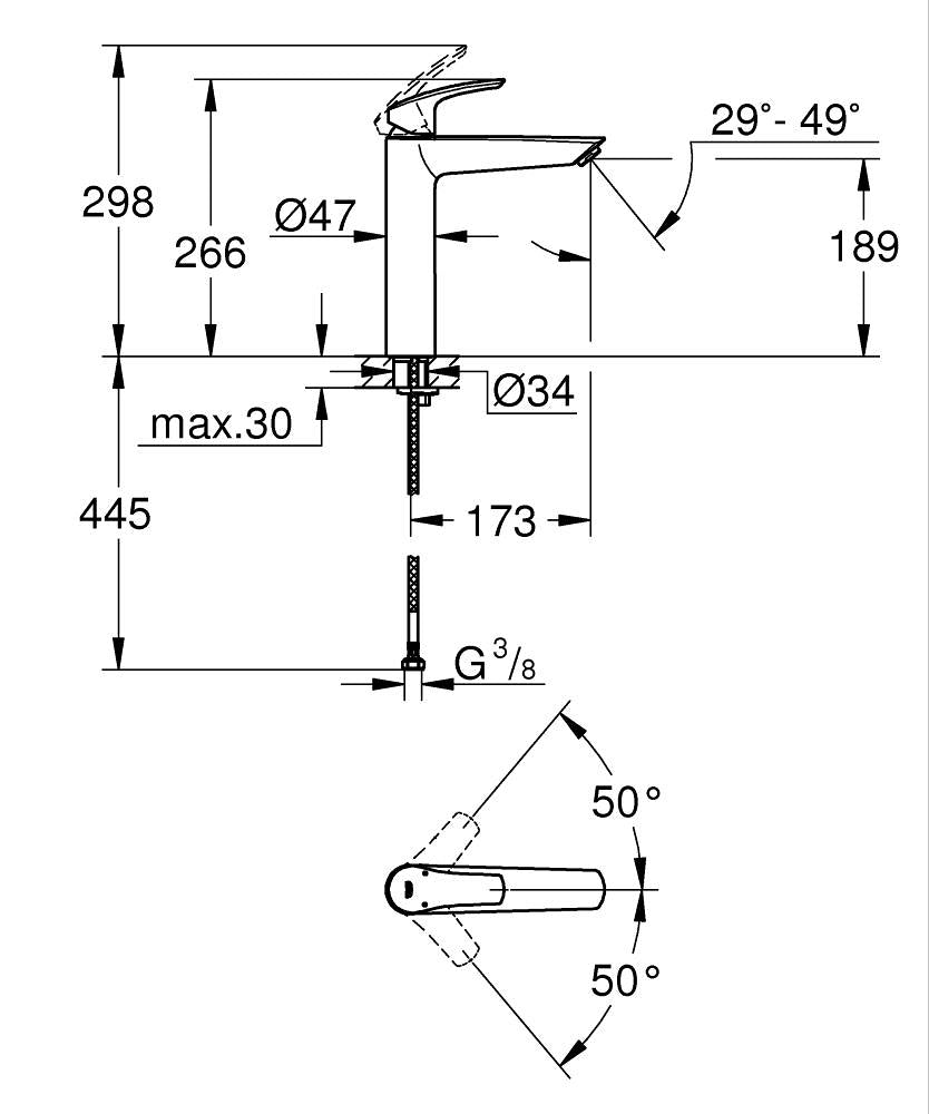 Grohe Eurosmart Tek Kumandalı Lavabo Bataryası XL-Boyut Mat Siyah - 239712433 teknik çizim