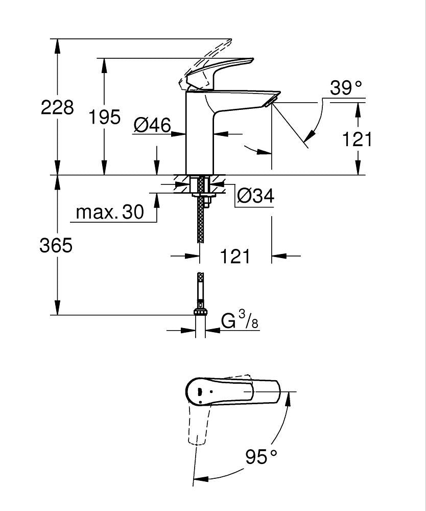 Grohe Eurosmart Tek Kumandalı Lavabo Bataryası M-Boyut Krom – 2339530E teknik çizim