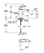 Grohe Eurosmart Tek Kumandalı Lavabo Bataryası M-Boyut Krom – 2339530E teknik çizim
