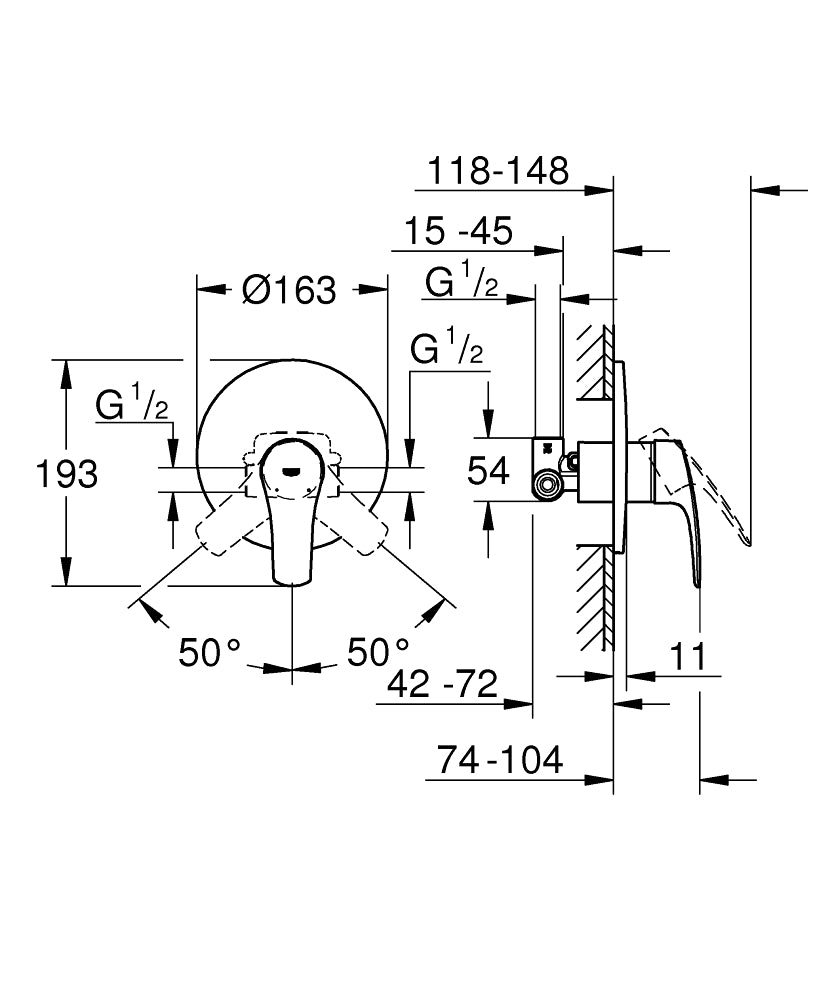 Grohe Eurosmart Tek Kumandalı Duş Bataryası - 33556003 teknik çizim