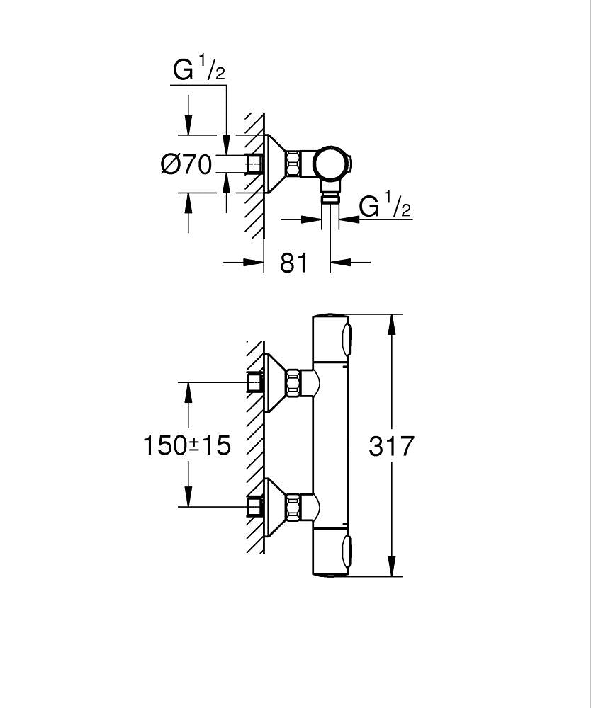 Grohe Grohtherm 500 Termostatik Duş Bataryası Mat Siyah - 347932430 teknik çizim