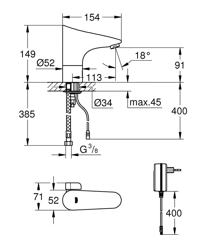 Grohe Fotoselli Lavabo Bataryası Elektrikli çift Su Girişi 36015001 teknik çizim