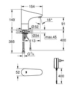 Grohe Fotoselli Lavabo Bataryası Elektrikli Tek Su Giriş 36016001 teknik çizim