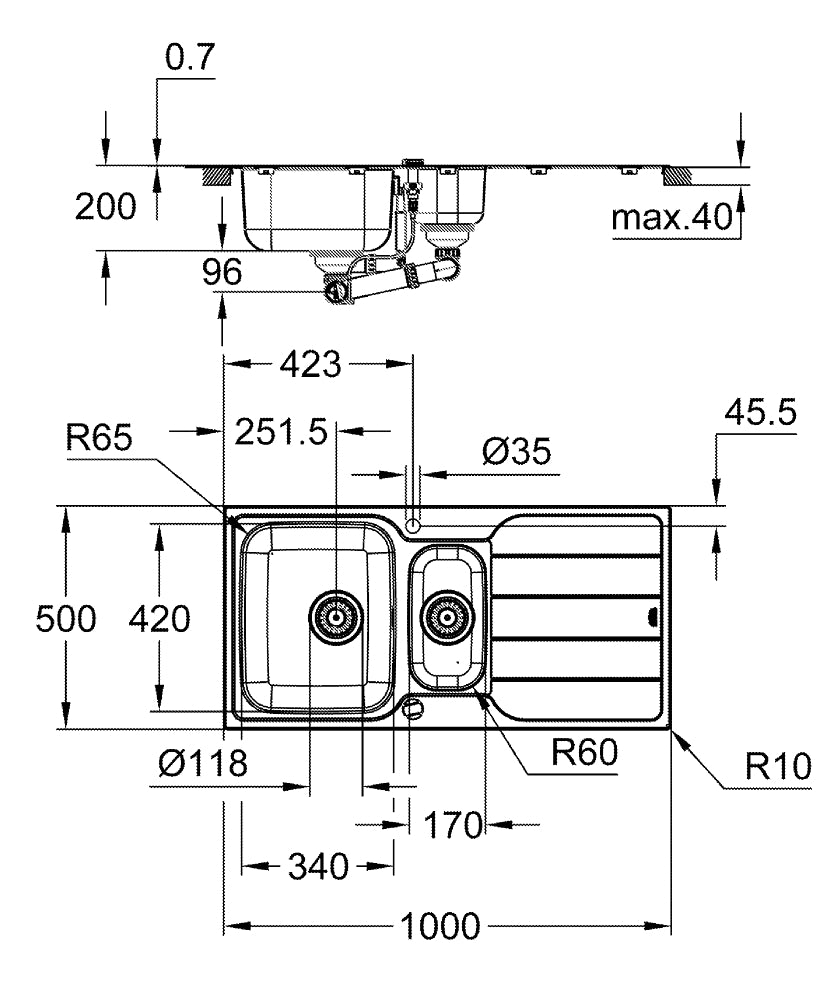 Grohe K500 Damlalıklı Eviye Paslanmaz Çelik - 31572SD1 teknik çizim