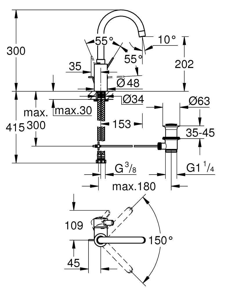 Grohe Eurocosmo Tek Kumandalı Lavabo Bataryası 1/2L-Boyut - 32830001 teknik çizim
