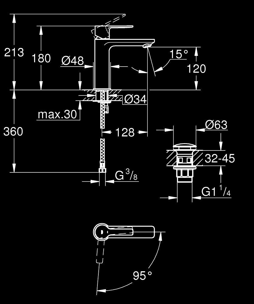 Grohe Lavabo Bataryası Lineare S-Boyut Krom – 23996001 teknik çizim