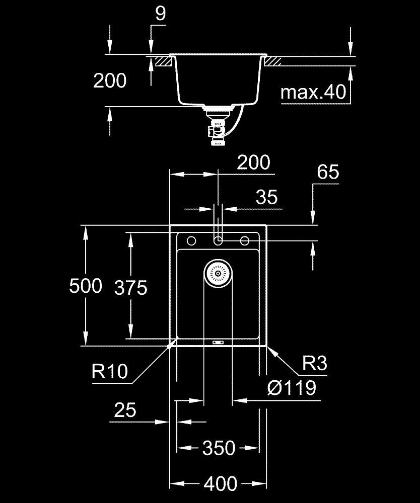 Grohe 700 Kuvars Kompozit Eviye 50 -C 40/50, Granit Siyah Rengi - 31650AP0 teknik çizim