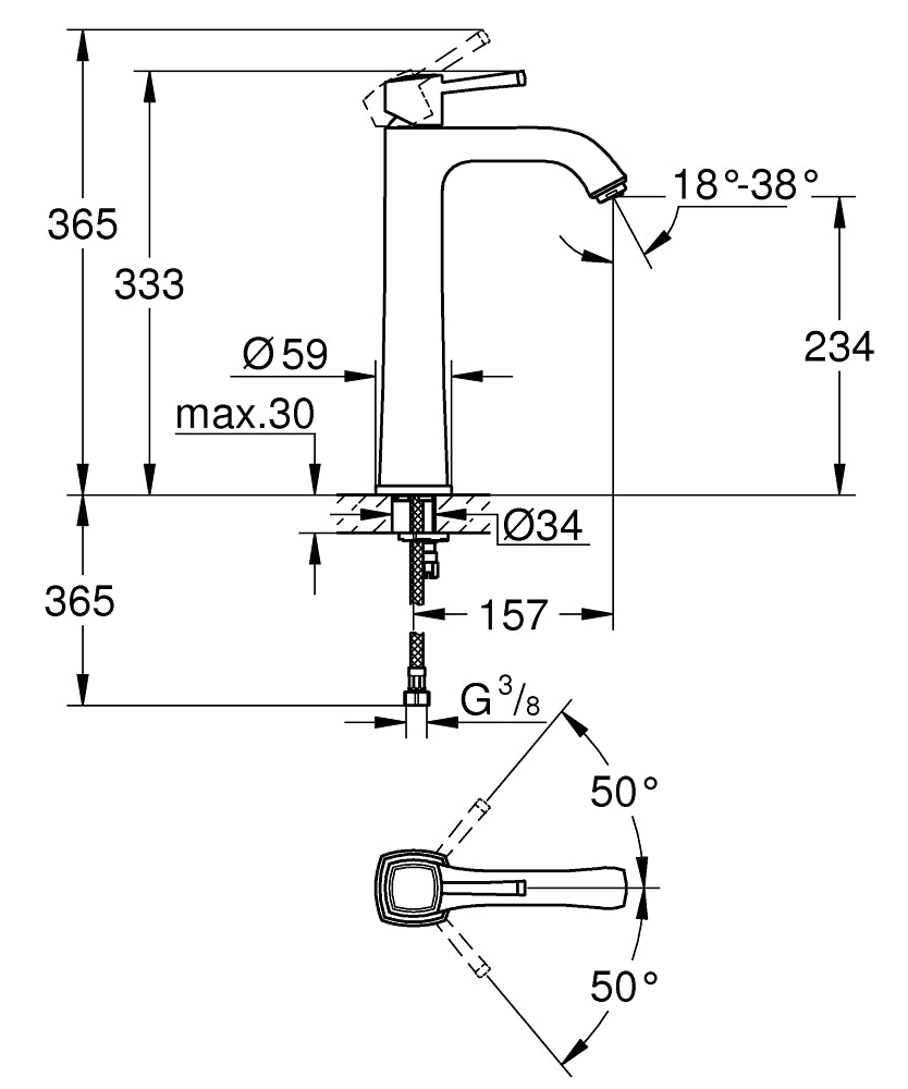 Grohe Grandera Lavabo Bataryası XL Boyut - 24371000 teknik çizim