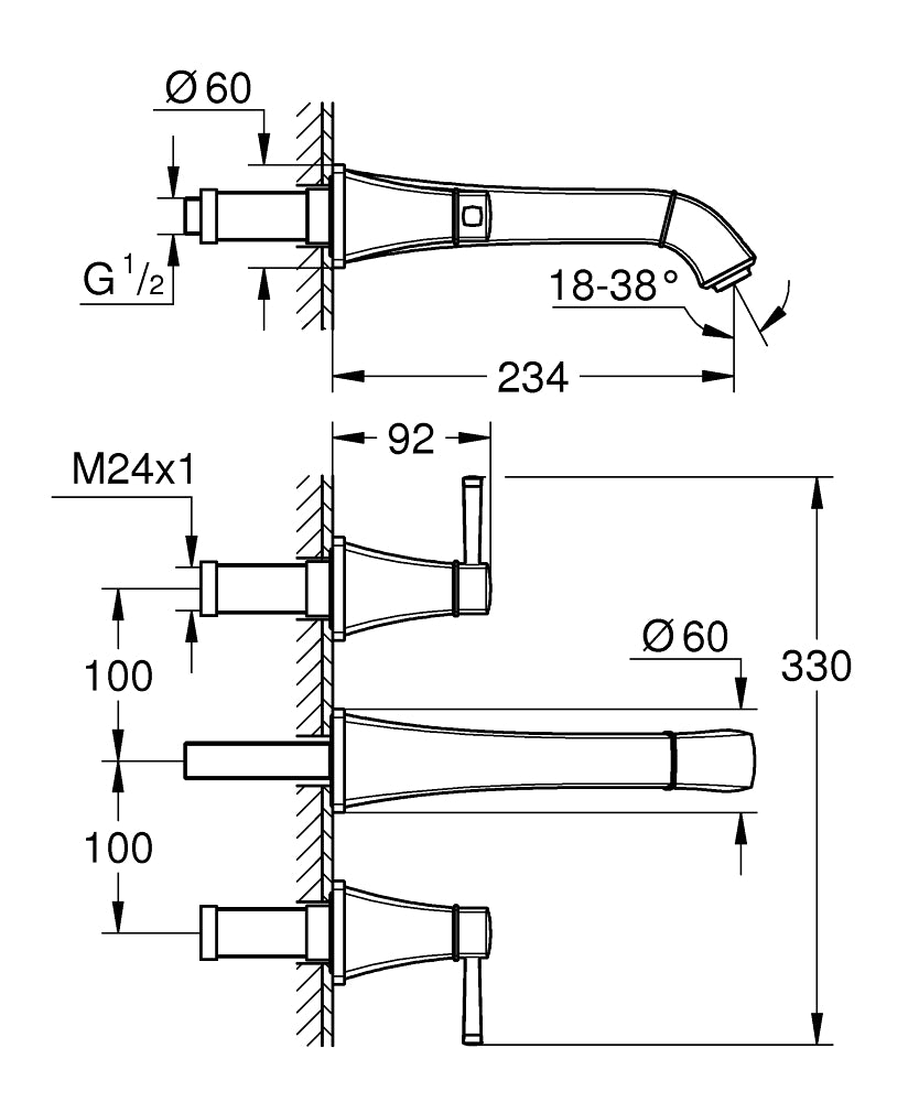 Grohe Grandera 3 Delikli Duvardan Lavabo Bataryası L-Boyut - 20623000 teknik çizim