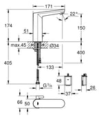 Grohe Eurosmart Cosmo. Fotoselli Lavabo Bataryası, Çift Su Girişli, Pilli Krom -36422001 teknik çizim